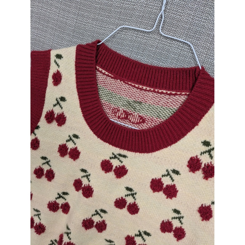 Cider Women Medium Cream Red Cherry Knit Sweater Vest Sleeveless Crew Neck Retro